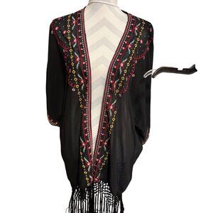 UMGEE Sheer Black Fringe Wrap Cardigan